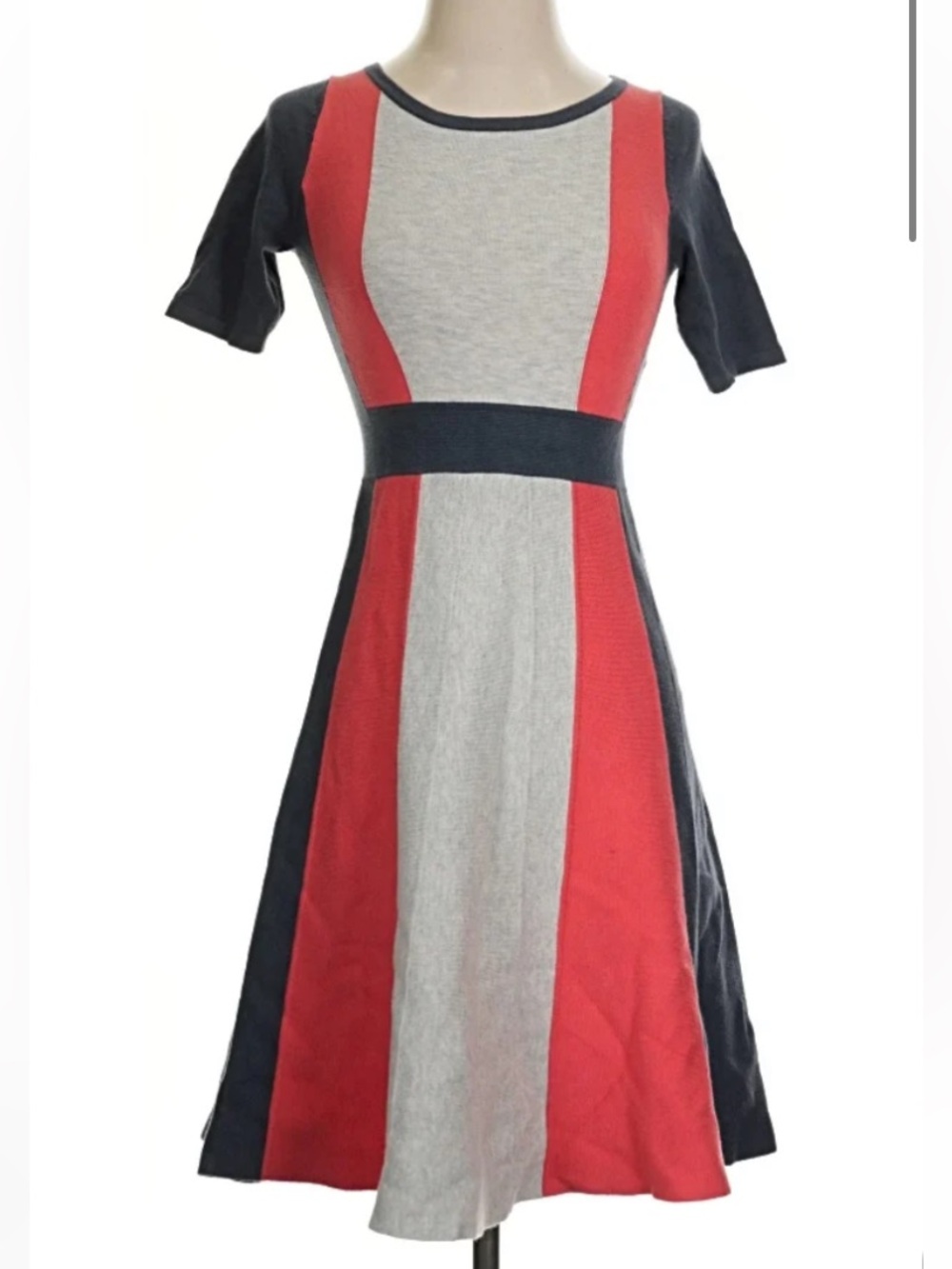 Boden Milano color-blocked knit sweater dress in navy, orange and gray
